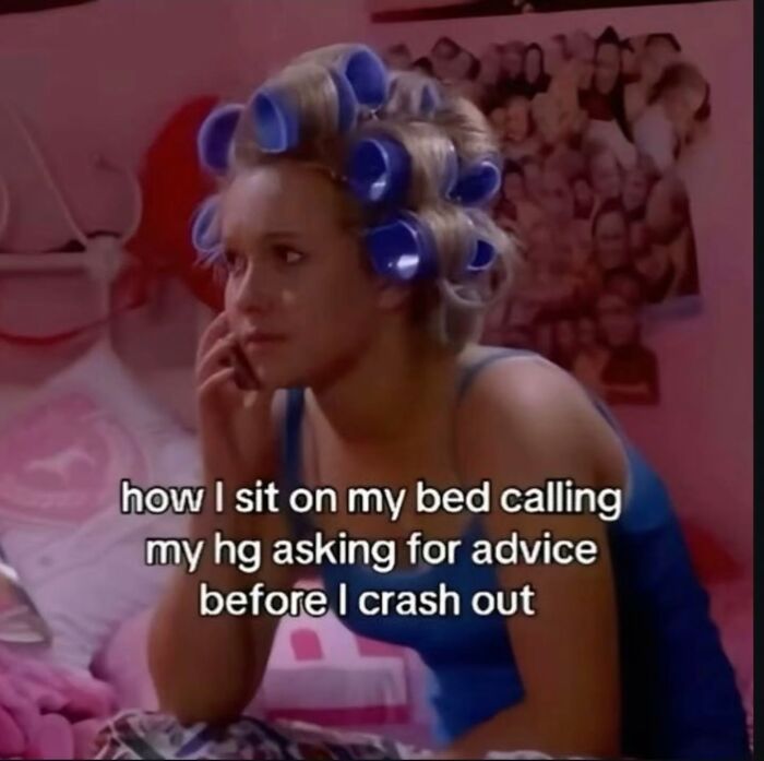 A relatable meme of a girl with blue hair curlers on the phone in bed, asking for advice before sleeping.