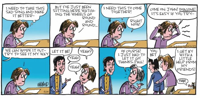 Dave Whamond comic illustrating pop culture icons, The Beatles, writing a song with famous lyrics.