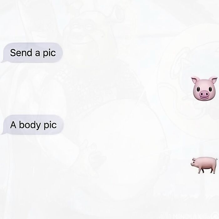 Relatable meme featuring text messages asking for a body pic, with two pig emojis, to boost morale with humor.