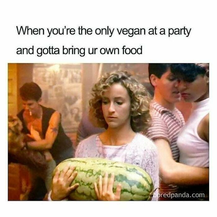 A hilarious vegan meme featuring Baby from Dirty Dancing carrying a large watermelon, highlighting the humor of a vegan at a party.