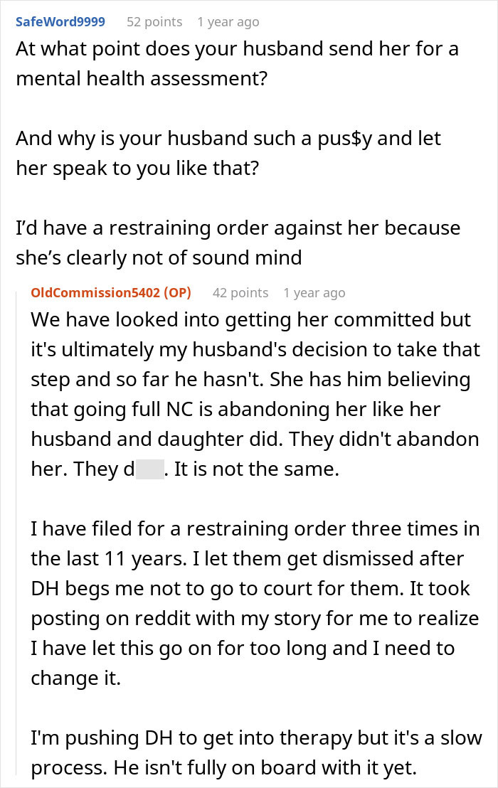 Screenshot of a Reddit thread discussing the MIL who called cops to evict DIL from her house and landed in jail.