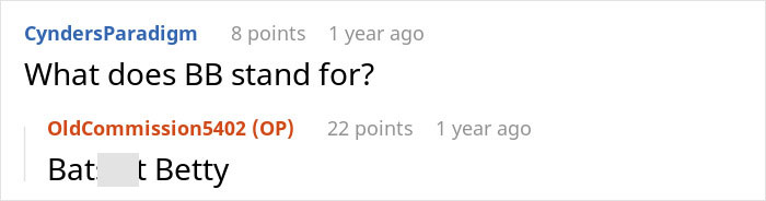 Reddit thread asking about an acronym BB in the MIL, DIL eviction story, and the response.