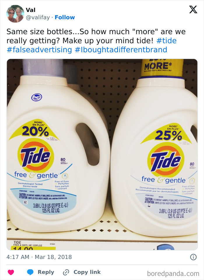 Two Tide detergent bottles, same size, with different percentages of 'more' detergent, highlighting misleading marketing practices.