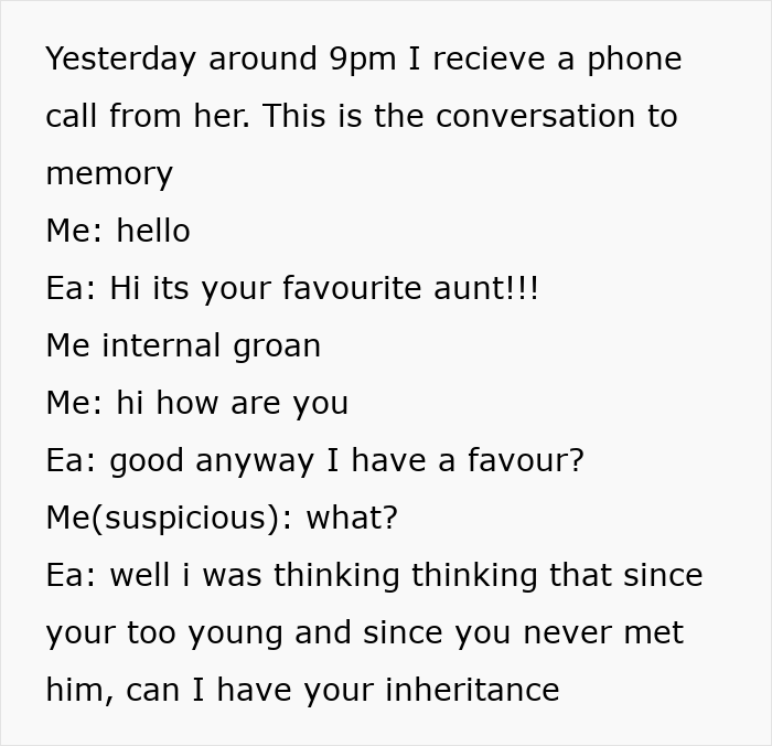 Greedy Aunt Pressures Teen To Give Up His Unclaimed Inheritance, Dad Quickly Puts Her In Her Place