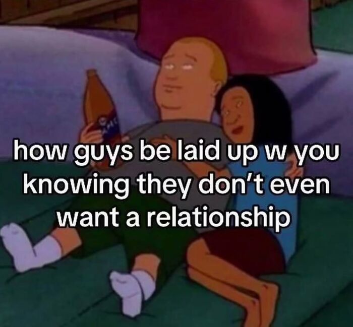 Animated characters on a couch, a relatable meme about guys not wanting a relationship.