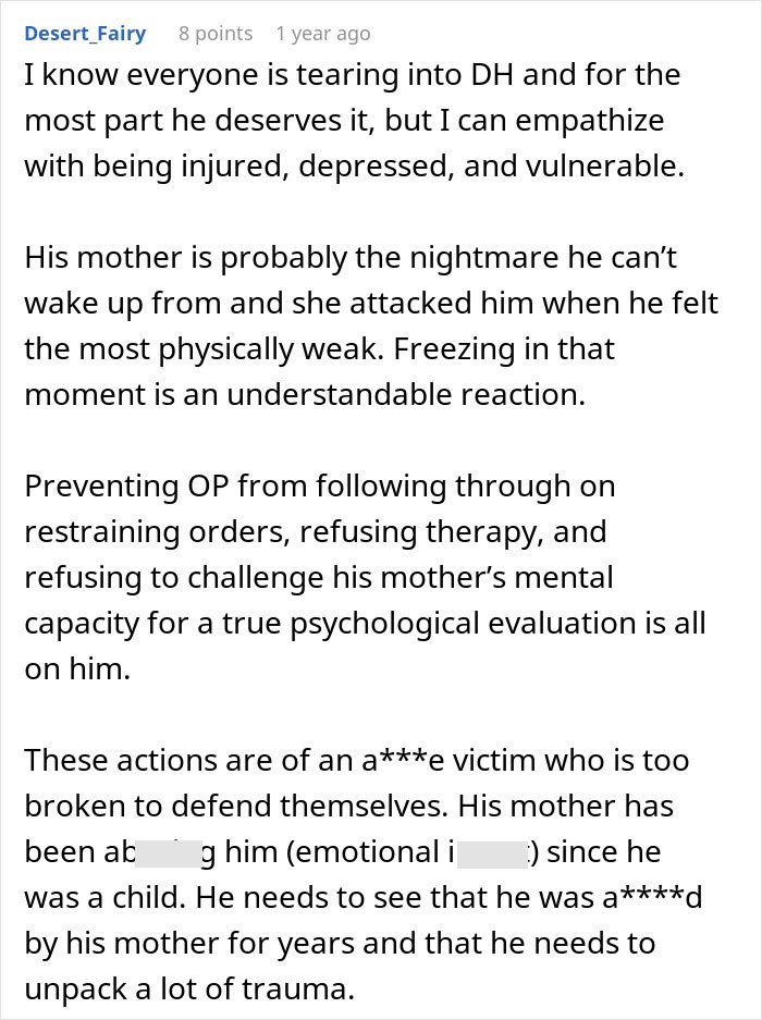 A Reddit comment discussing the DIL, MIL, and why the husband doesn't evict his mother from their house.