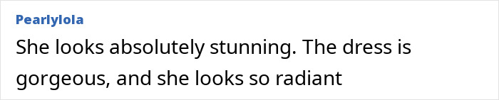 A comment praising the model's stunning and radiant appearance in her wedding dress. Model gets married at 61.