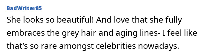 Wedding photo comment: Model embraces grey hair and aging lines, praised for how she aged beautifully.