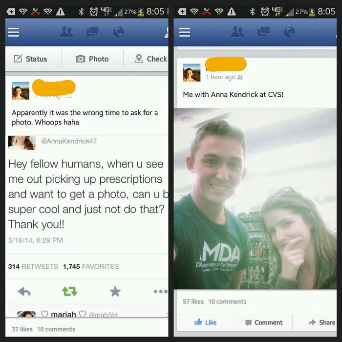 Screenshot of Anna Kendrick asking people not to ask for a photo, next to a fan's photo with her.