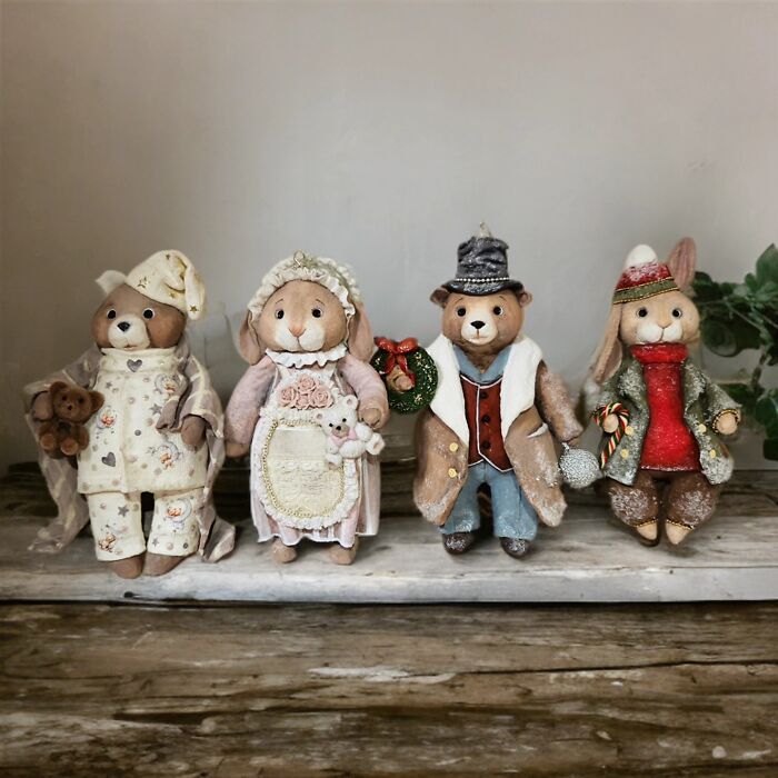 Four handmade cotton wool creations depicting characters in various outfits, showcasing the artist's unique style.