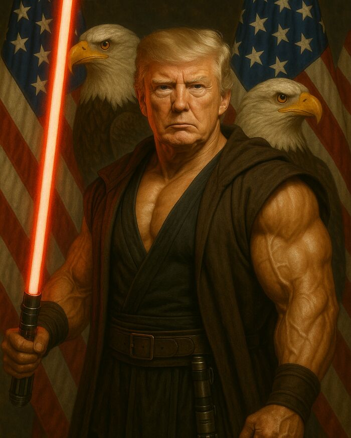 Trump as a doctor with a lightsaber, flanked by eagles, in a dramatic pose diagnosing celebrities. Trump as a doctor with a lightsaber, flanked by eagles, in a dramatic pose diagnosing celebrities.