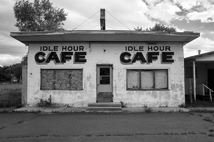 Abandoned Idle Hour Cafe captured in stunning black and white photography.