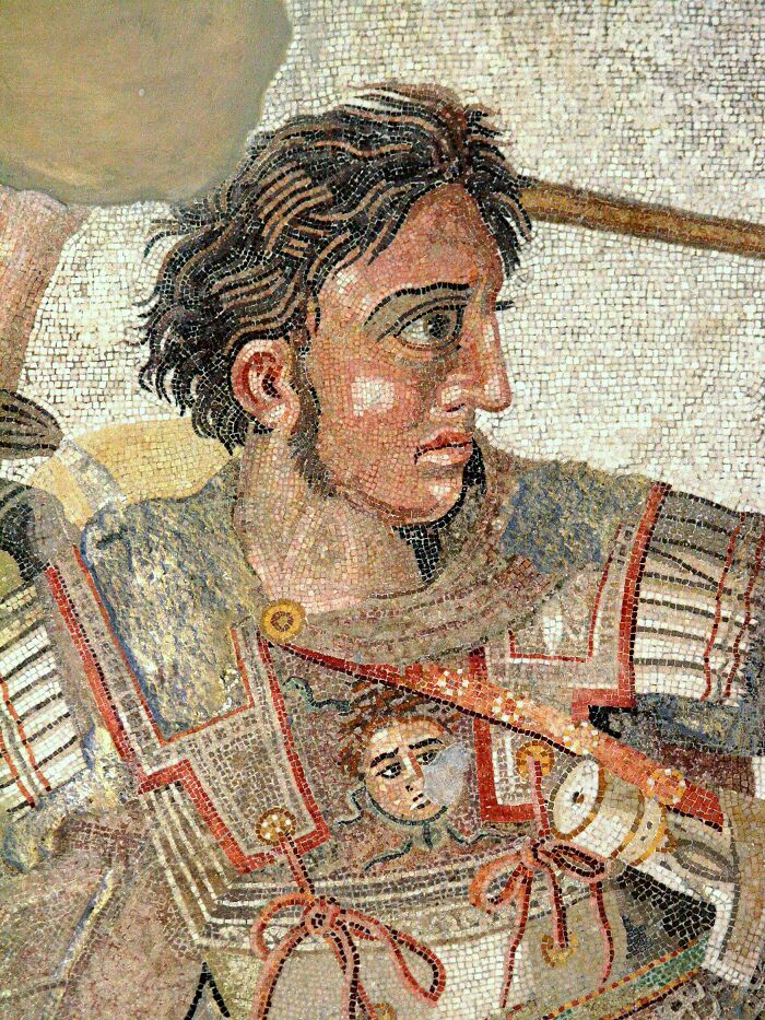 A detailed mosaic depicting Alexander the Great, a historical figure with many myths and legends.