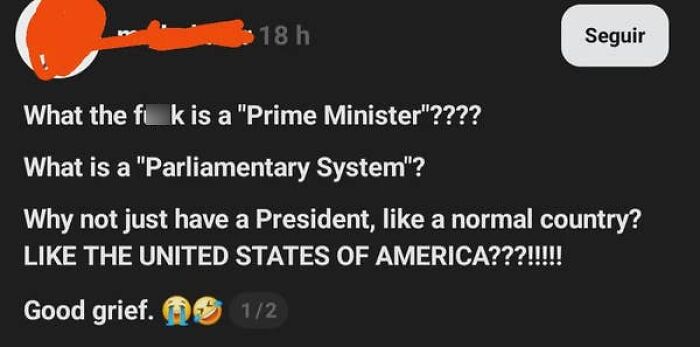 Screenshot of an American confused about a Prime Minister and Parliamentary System, asking why it's not like the US.