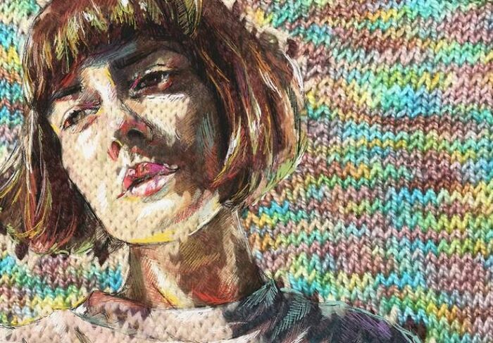 Modern art portrait of a woman with short hair, blending traditional knitting into a vibrant background.