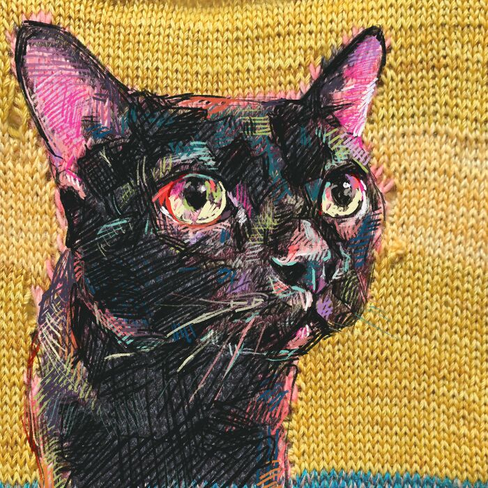 Close-up of a black cat, a stunning portrait created with traditional knitting and modern art.