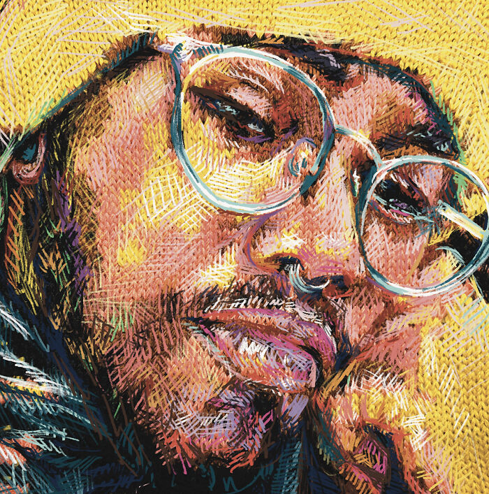 A stunning knitting portrait of a man wearing glasses, illustrating traditional knitting with modern art.