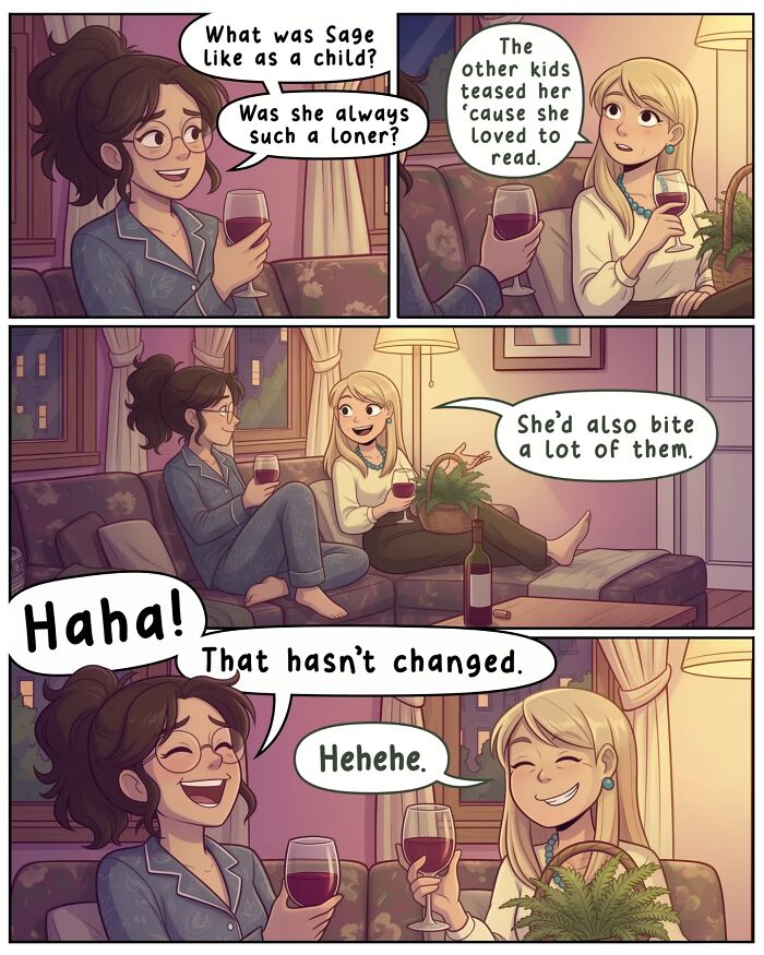 A comic of two women discussing childhood memories, capturing life before smartphones with nostalgic comics by Victor Gnarly.