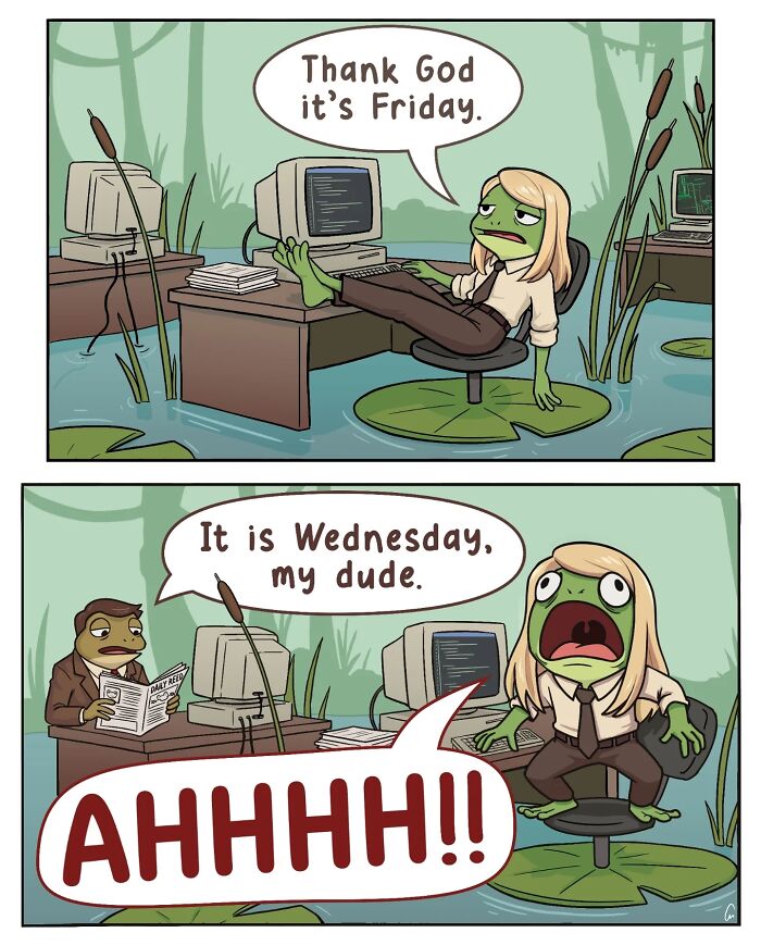 A comic of a frog working in a swamp, illustrating nostalgic comics from Victor Gnarly's Yesterday's Papers.