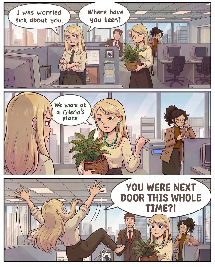 A comic showing a woman surprised by her friends being next door, capturing life before smartphones in Victor Gnarly's comics.