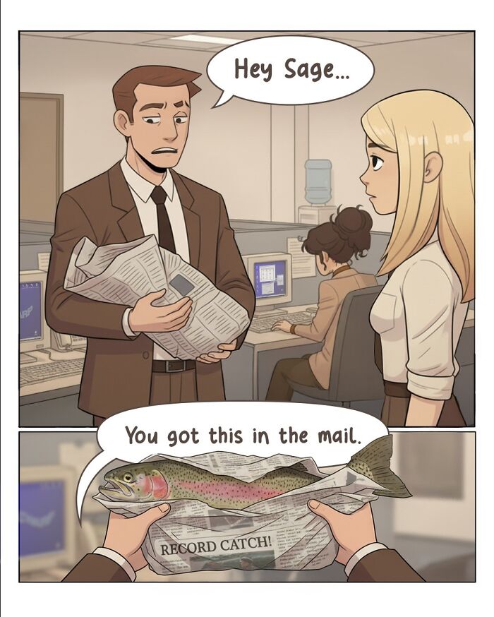 A comic from Victor Gnarly's Yesterday's Papers showing a man giving a woman a fish wrapped in a newspaper. Nostalgic comics.