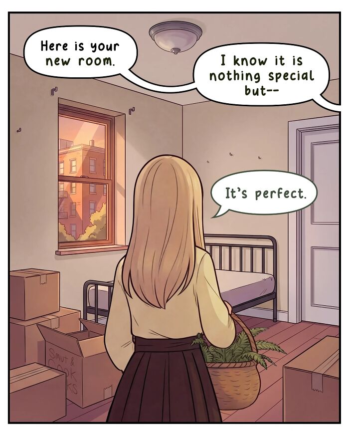 A comic from Victor Gnarly's Yesterday's Papers showing a woman moving into a new room. Nostalgic comics.