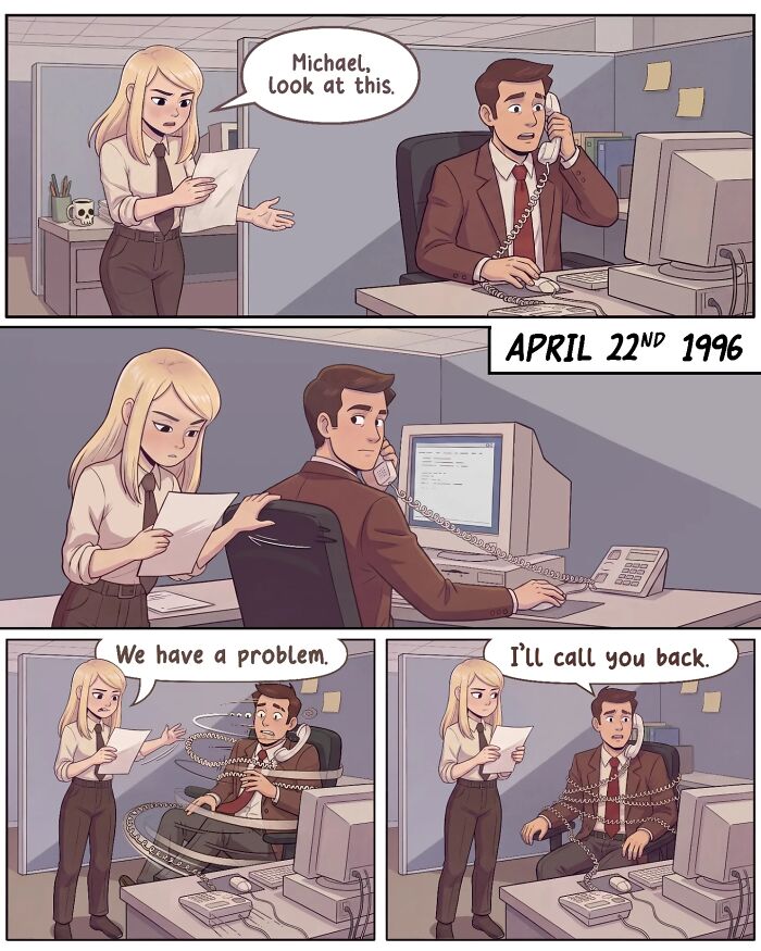 A comic from Victor Gnarly's Yesterday's Papers showing an office scene from April 22nd, 1996. Nostalgic comics.