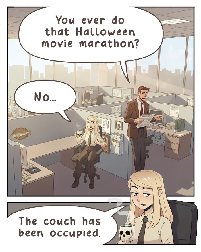 A nostalgic comic shows life before smartphones, with a woman discussing a Halloween movie marathon at her office desk.