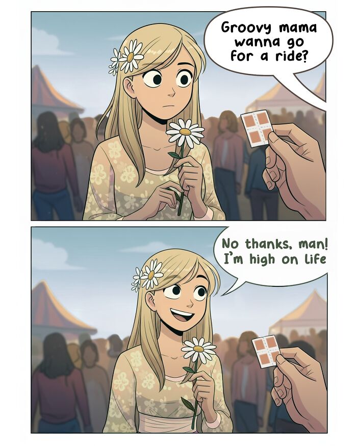 A comic of a woman declining an offer, capturing life before smartphones with nostalgic comics from Victor Gnarly.