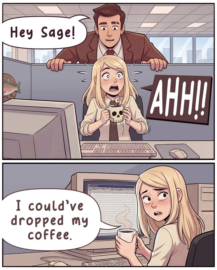 A nostalgic comic depicts life before smartphones, with a man startling a woman at her cubicle, making her almost drop her coffee.