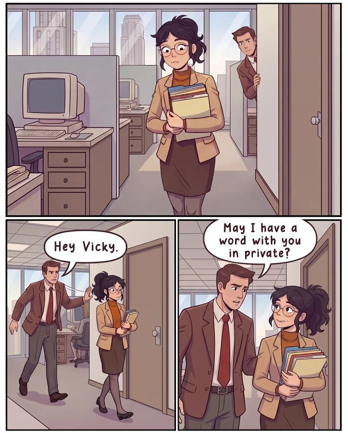 A nostalgic comic illustrates life before smartphones, with a man approaching a woman in an office hallway for a private word.