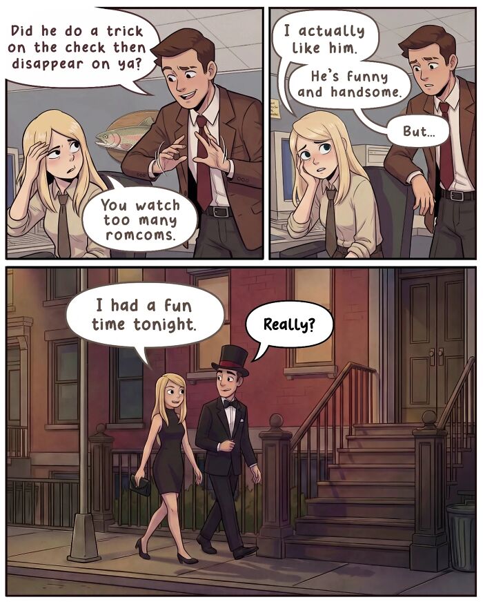 A nostalgic comic shows life before smartphones, with a woman in an office discussing a date, then on a romantic walk with a man.