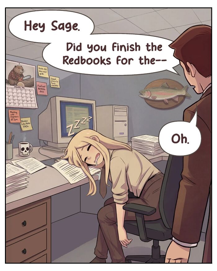 A nostalgic comic captures life before smartphones, with a man finding a woman asleep at her computer in an office cubicle.