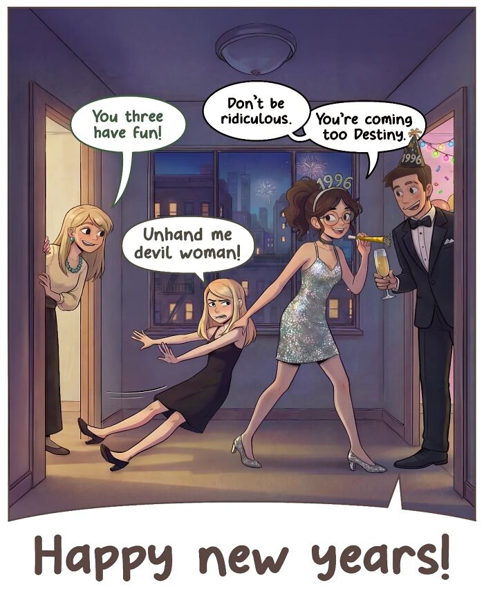 A nostalgic comic shows a woman being dragged by another person at a New Year's Eve party, capturing life before smartphones.