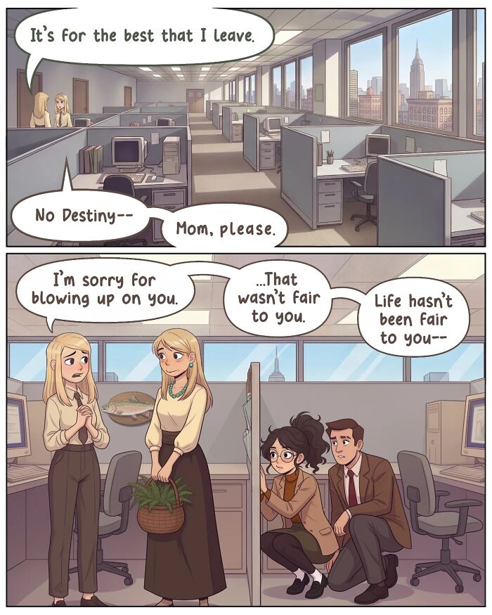 A nostalgic comic depicts a tense conversation in an office setting, illustrating life before smartphones.