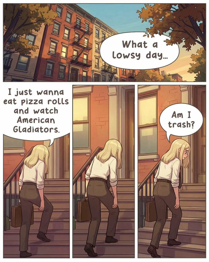 A nostalgic comic shows a person walking up stairs, feeling down, reflecting life before smartphones.