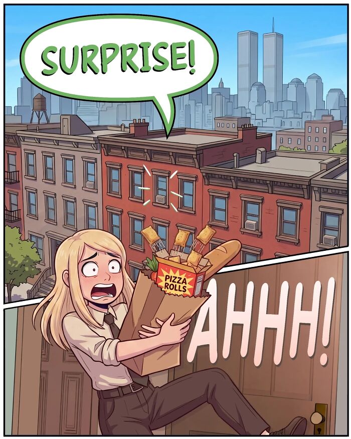 A nostalgic comic shows a person startled by a surprise, dropping groceries, depicting life before smartphones.