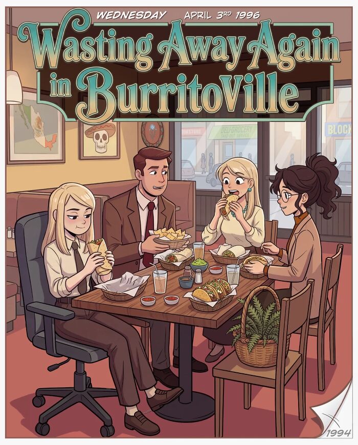 Victor Gnarly's nostalgic comics capture life before smartphones, showing friends enjoying burritos in a restaurant.