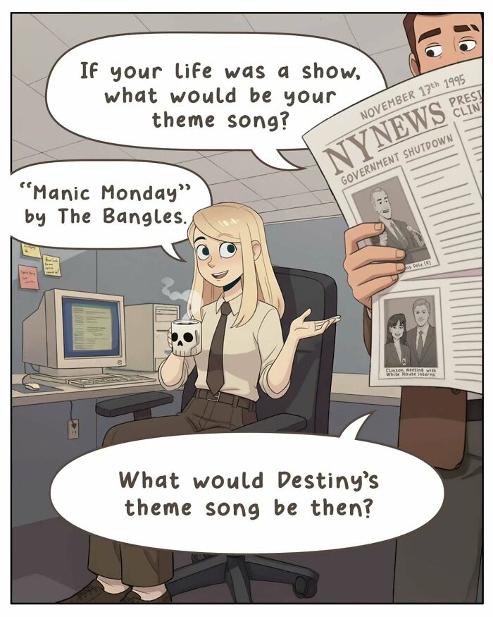 Victor Gnarly's nostalgic comics illustrate life before smartphones, with a woman talking about theme songs in an office.