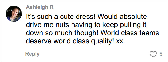 A comment from Ashleigh R regarding the wardrobe fail of the female Australian team at the Commonwealth Games.
