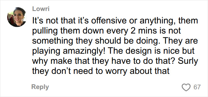 Lowri's comment expressing concern over the female Australian team's wardrobe fail at the Commonwealth Games.