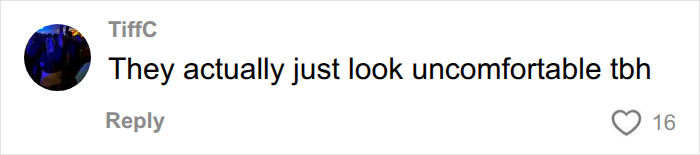A social media comment from TiffC stating, They actually just look uncomfortable tbh, regarding the wardrobe fail.
