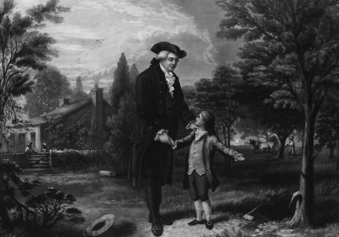 A black and white illustration of George Washington and a young boy under a tree, depicting historical myths.