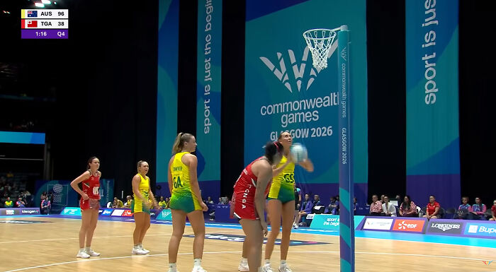 Female athletes on a netball court during a match, one in yellow shooting for the hoop. Scoreboard shows AUS 96, TGA 38.