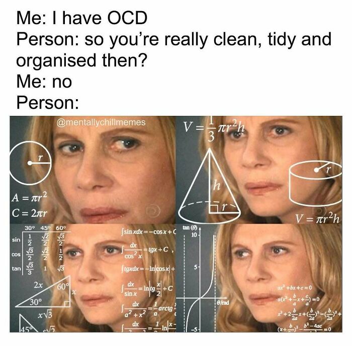 A confused woman surrounded by math equations, expressing the difficulty of OCD memes, representing 'I'm fine' or 'oh no' mental states.