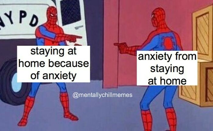 Two Spider-Men pointing at each other, representing staying at home due to anxiety and anxiety from staying home, a meme about feeling fine and oh no.