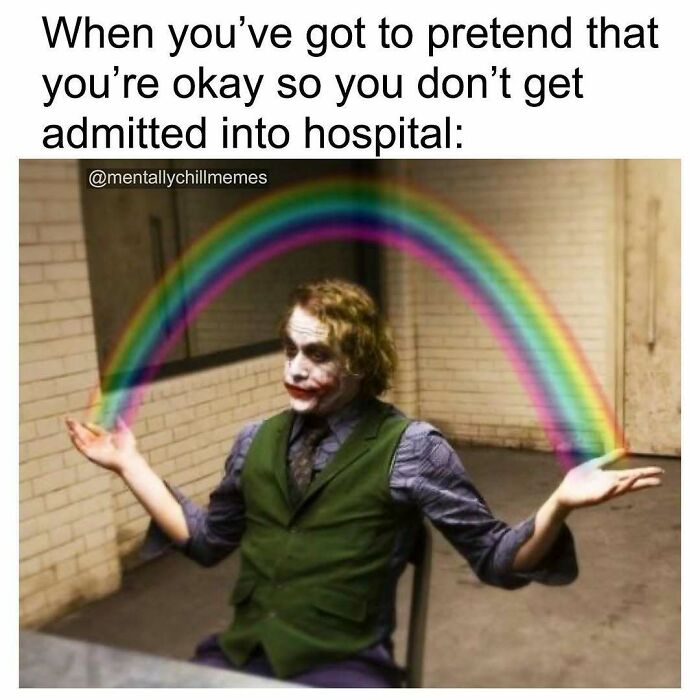 Joker with a rainbow, pretending to be okay to avoid hospitalization, a meme about being between Im fine and oh no.