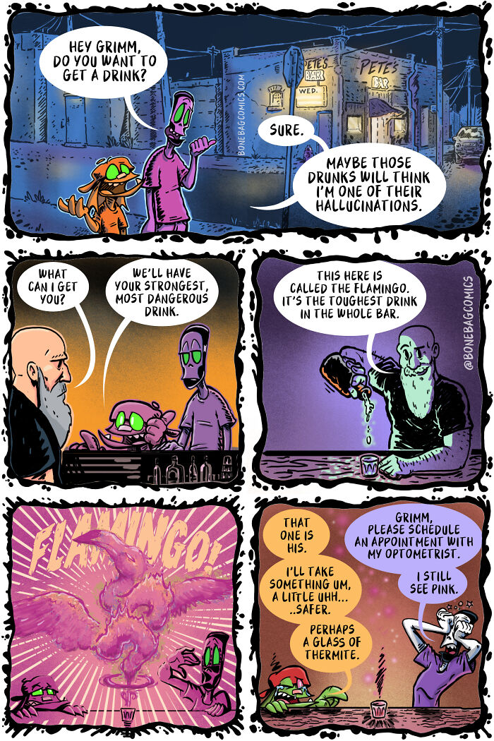 The daily life of a necromancer and his assistant getting a drink at Pete's Bar.