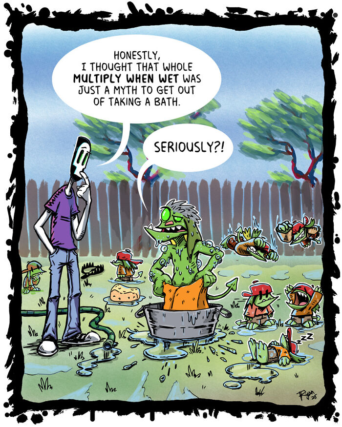 A necromancer's assistant multiplies into many smaller creatures after getting wet, surprising the necromancer.