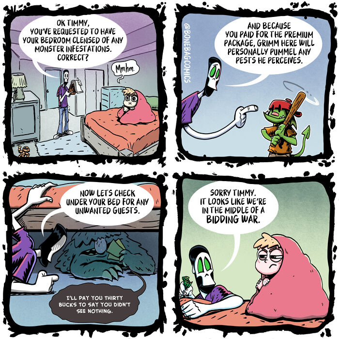 A necromancer and his assistant helping a boy with monster infestations under his bed, leading to a bidding war.